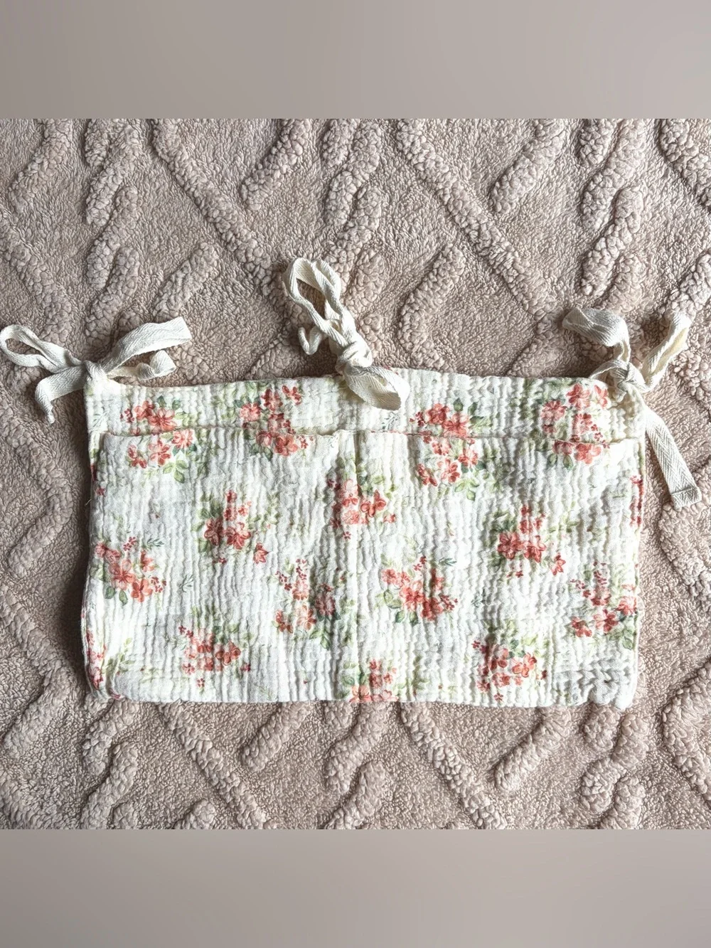 Baby Girl Hanging Tie Storage Bag Floral Cream Small Organizing Pouch Two Pocket